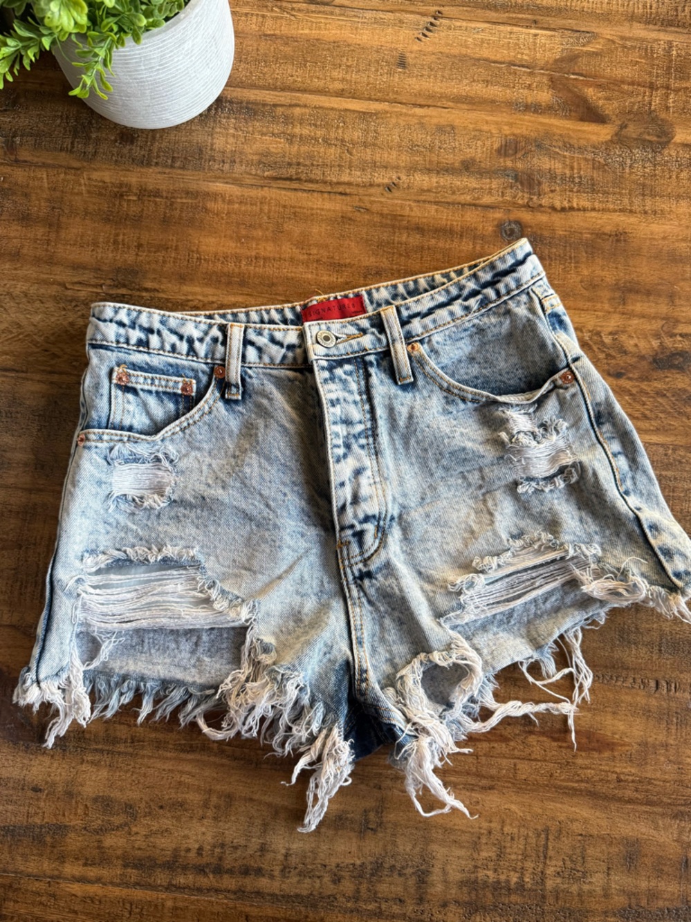 Signature8 Acid Wash Light Blue Distressed Denim Shorts